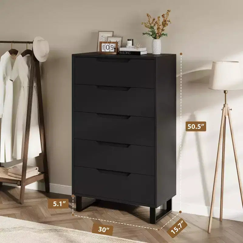 Cassettiera alta 127 cm a 5 cassetti con spazio contenitivo, armadietto verticale indipendente per camera da letto, soggiorno o ingresso, gambe regolabili, finitura nera