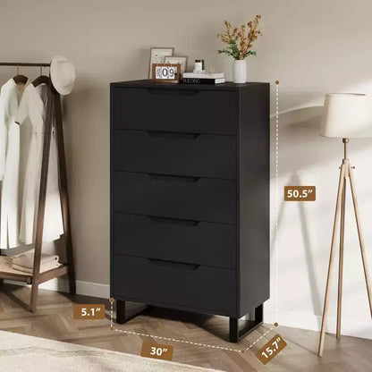 Cassettiera alta 127 cm a 5 cassetti con spazio contenitivo, armadietto verticale indipendente per camera da letto, soggiorno o ingresso, gambe regolabili, finitura nera