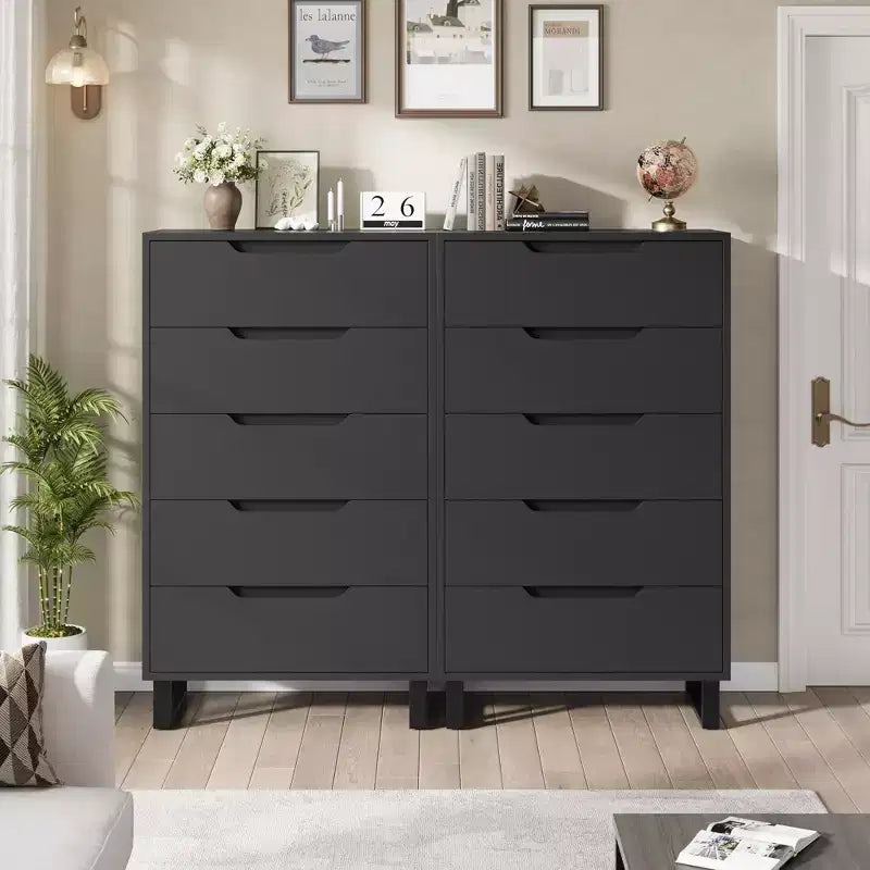 Cassettiera alta 127 cm a 5 cassetti con spazio contenitivo, armadietto verticale indipendente per camera da letto, soggiorno o ingresso, gambe regolabili, finitura nera