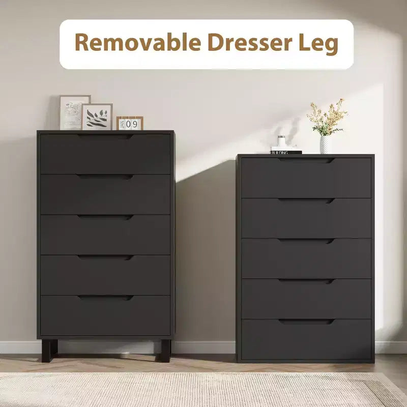 Cassettiera alta 127 cm a 5 cassetti con spazio contenitivo, armadietto verticale indipendente per camera da letto, soggiorno o ingresso, gambe regolabili, finitura nera
