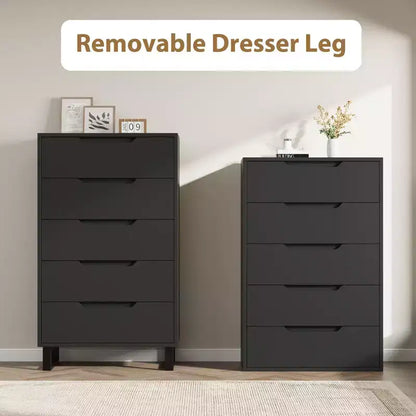 Cassettiera alta 127 cm a 5 cassetti con spazio contenitivo, armadietto verticale indipendente per camera da letto, soggiorno o ingresso, gambe regolabili, finitura nera