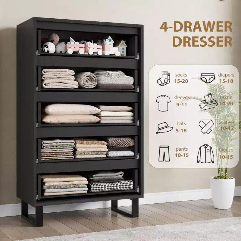 Cassettiera alta 127 cm a 5 cassetti con spazio contenitivo, armadietto verticale indipendente per camera da letto, soggiorno o ingresso, gambe regolabili, finitura nera