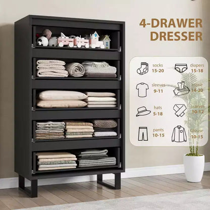 Cassettiera alta 127 cm a 5 cassetti con spazio contenitivo, armadietto verticale indipendente per camera da letto, soggiorno o ingresso, gambe regolabili, finitura nera