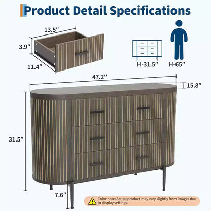 Cassettiera a 6 cassetti con scanalature, larga 120 cm, in legno, stile moderno di metà secolo con profilo curvo e maniglie dorate per l'home office