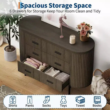 Cassettiera a 6 cassetti con scanalature, larga 120 cm, in legno, stile moderno di metà secolo con profilo curvo e maniglie dorate per l'home office