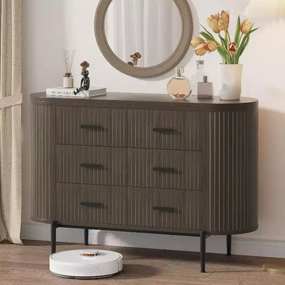 Cassettiera a 6 cassetti con scanalature, larga 120 cm, in legno, stile moderno di metà secolo con profilo curvo e maniglie dorate per l'home office