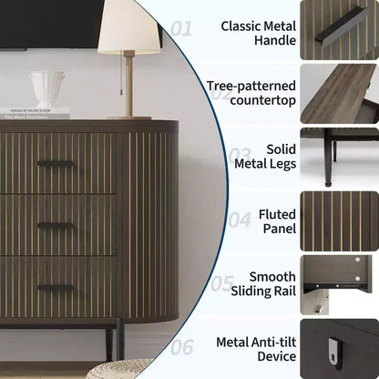 Cassettiera a 6 cassetti con scanalature, larga 120 cm, in legno, stile moderno di metà secolo con profilo curvo e maniglie dorate per l'home office