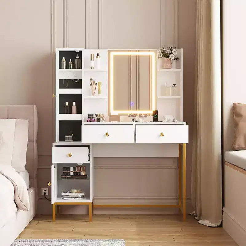 Toeletta Trucco con Luci, Scrivania da Trucco con 3 Modalità di Illuminazione e Sgabello Imbottito Morbido, Tavolo da Toeletta Moderno con Stazione di Ricarica, 3 Cassetti, Bianco