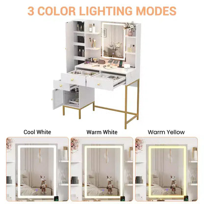 Toeletta Trucco con Luci, Scrivania da Trucco con 3 Modalità di Illuminazione e Sgabello Imbottito Morbido, Tavolo da Toeletta Moderno con Stazione di Ricarica, 3 Cassetti, Bianco