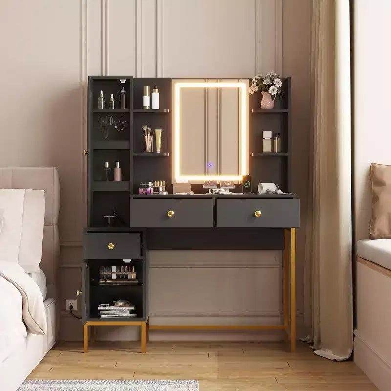 Toeletta Trucco con Luci, Scrivania da Trucco con 3 Modalità di Illuminazione e Sgabello Imbottito Morbido, Tavolo da Toeletta Moderno con Stazione di Ricarica, 3 Cassetti, Bianco