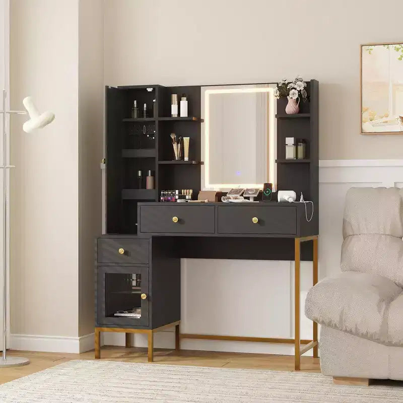 Toeletta Trucco con Luci, Scrivania da Trucco con 3 Modalità di Illuminazione e Sgabello Imbottito Morbido, Tavolo da Toeletta Moderno con Stazione di Ricarica, 3 Cassetti, Bianco