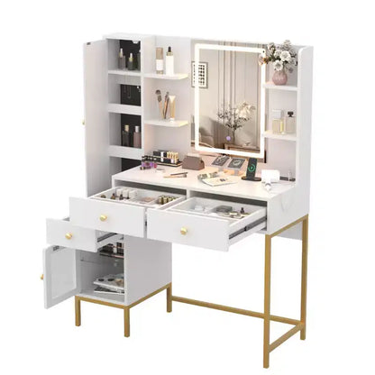 Toeletta Trucco con Luci, Scrivania da Trucco con 3 Modalità di Illuminazione e Sgabello Imbottito Morbido, Tavolo da Toeletta Moderno con Stazione di Ricarica, 3 Cassetti, Bianco