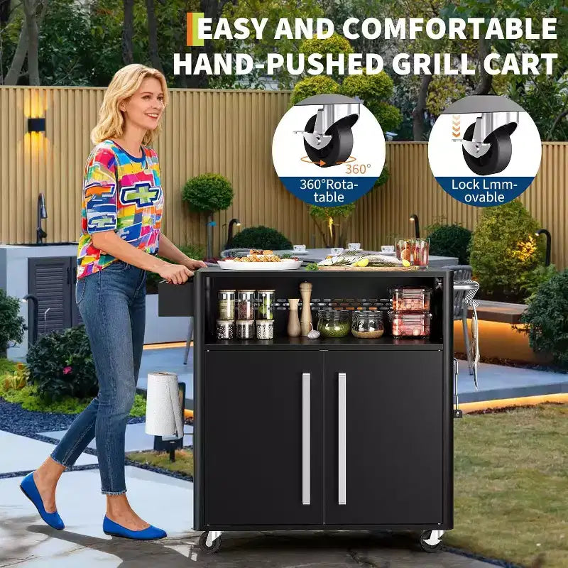 Carrello per Barbecue da Esterno con Contenitore, Carrello da Barbecue su Ruote, Piano Pieghevole in Acciaio Inossidabile per Patio e Giardino