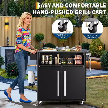Carrello per Barbecue da Esterno con Contenitore, Carrello da Barbecue su Ruote, Piano Pieghevole in Acciaio Inossidabile per Patio e Giardino