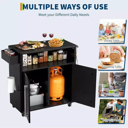 Carrello per Barbecue da Esterno con Contenitore, Carrello da Barbecue su Ruote, Piano Pieghevole in Acciaio Inossidabile per Patio e Giardino