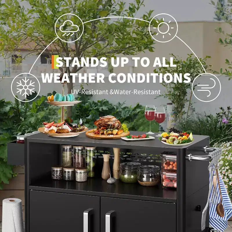 Carrello per Barbecue da Esterno con Contenitore, Carrello da Barbecue su Ruote, Piano Pieghevole in Acciaio Inossidabile per Patio e Giardino