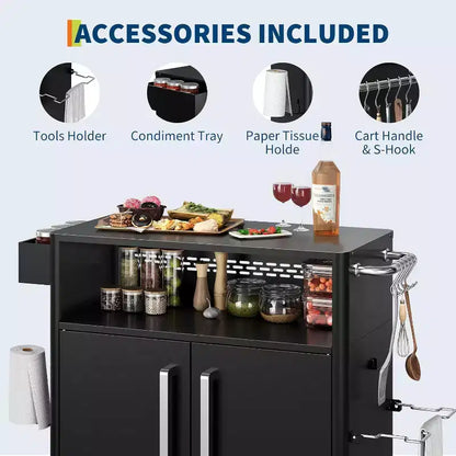 Carrello per Barbecue da Esterno con Contenitore, Carrello da Barbecue su Ruote, Piano Pieghevole in Acciaio Inossidabile per Patio e Giardino