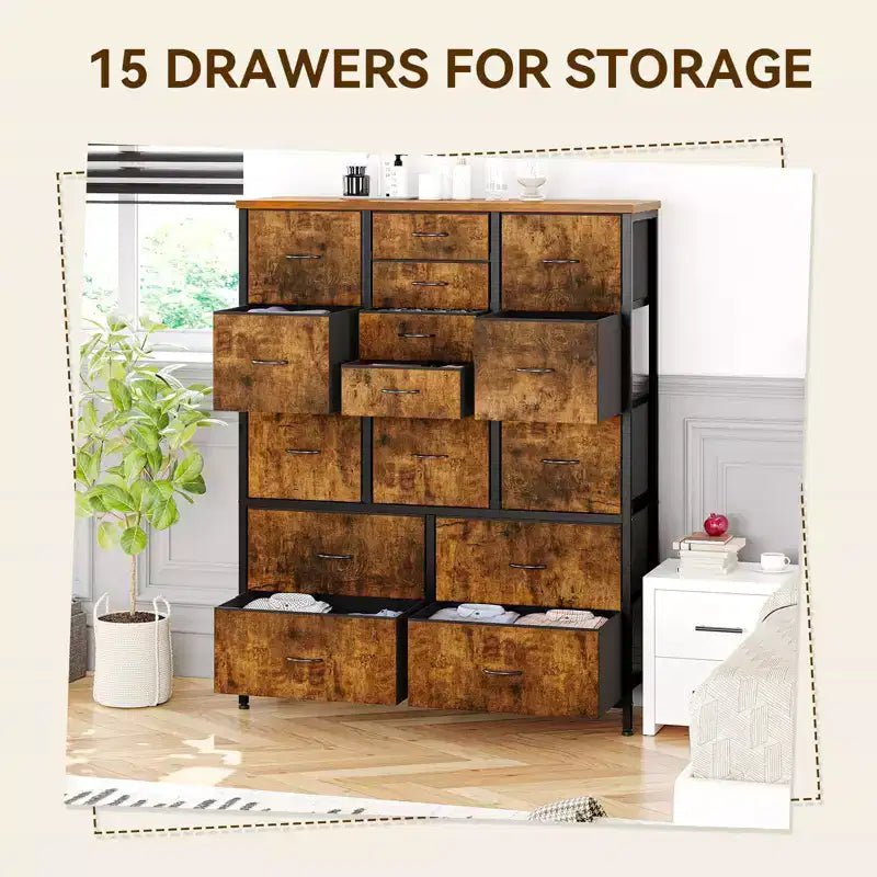 Cassettiera contenitore, cassettiera in tessuto, organizer alto a 15 cassetti con piano in legno e struttura in metallo per camera da letto, soggiorno, corridoio, ingresso