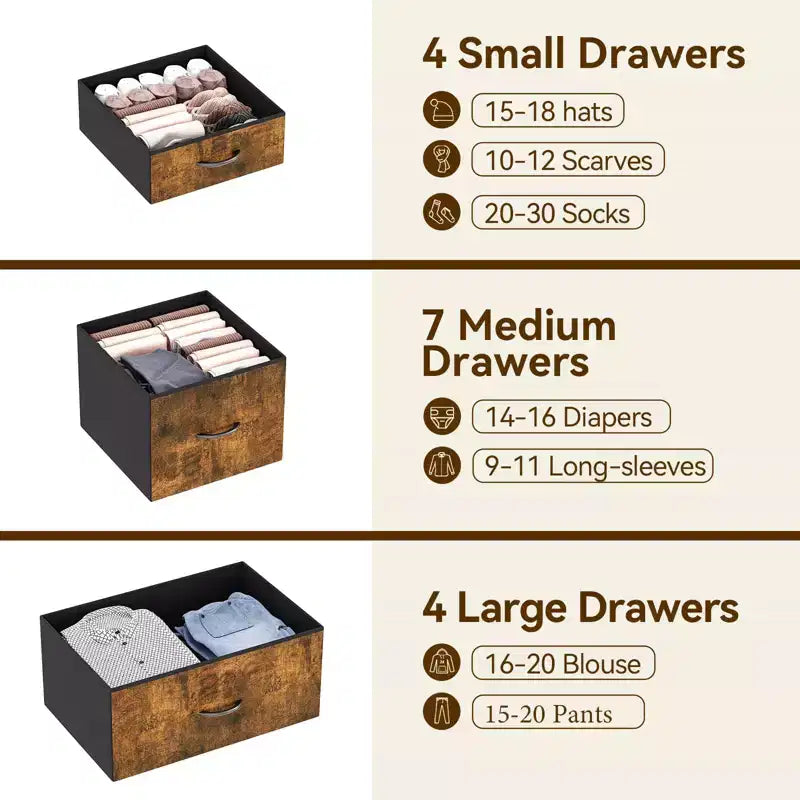 Cassettiera contenitore, cassettiera in tessuto, organizer alto a 15 cassetti con piano in legno e struttura in metallo per camera da letto, soggiorno, corridoio, ingresso