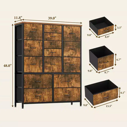 Cassettiera contenitore, cassettiera in tessuto, organizer alto a 15 cassetti con piano in legno e struttura in metallo per camera da letto, soggiorno, corridoio, ingresso