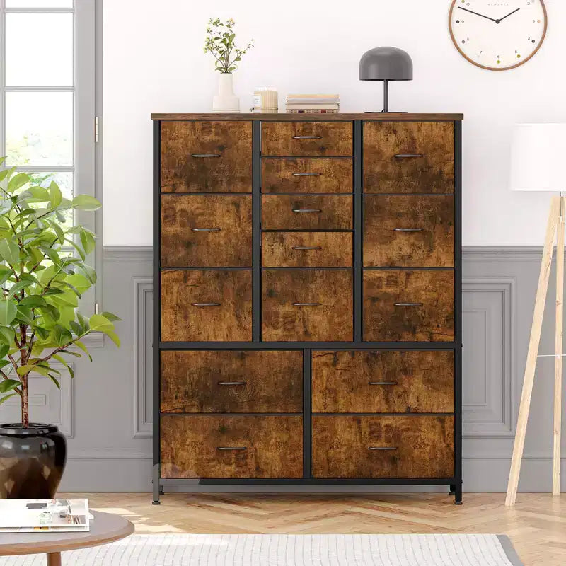 Cassettiera contenitore, cassettiera in tessuto, organizer alto a 15 cassetti con piano in legno e struttura in metallo per camera da letto, soggiorno, corridoio, ingresso
