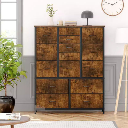 Cassettiera contenitore, cassettiera in tessuto, organizer alto a 15 cassetti con piano in legno e struttura in metallo per camera da letto, soggiorno, corridoio, ingresso