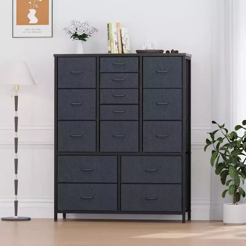 Cassettiera contenitore, cassettiera in tessuto, organizer alto a 15 cassetti con piano in legno e struttura in metallo per camera da letto, soggiorno, corridoio, ingresso