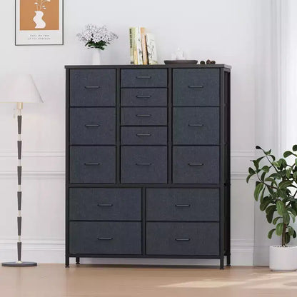 Cassettiera contenitore, cassettiera in tessuto, organizer alto a 15 cassetti con piano in legno e struttura in metallo per camera da letto, soggiorno, corridoio, ingresso