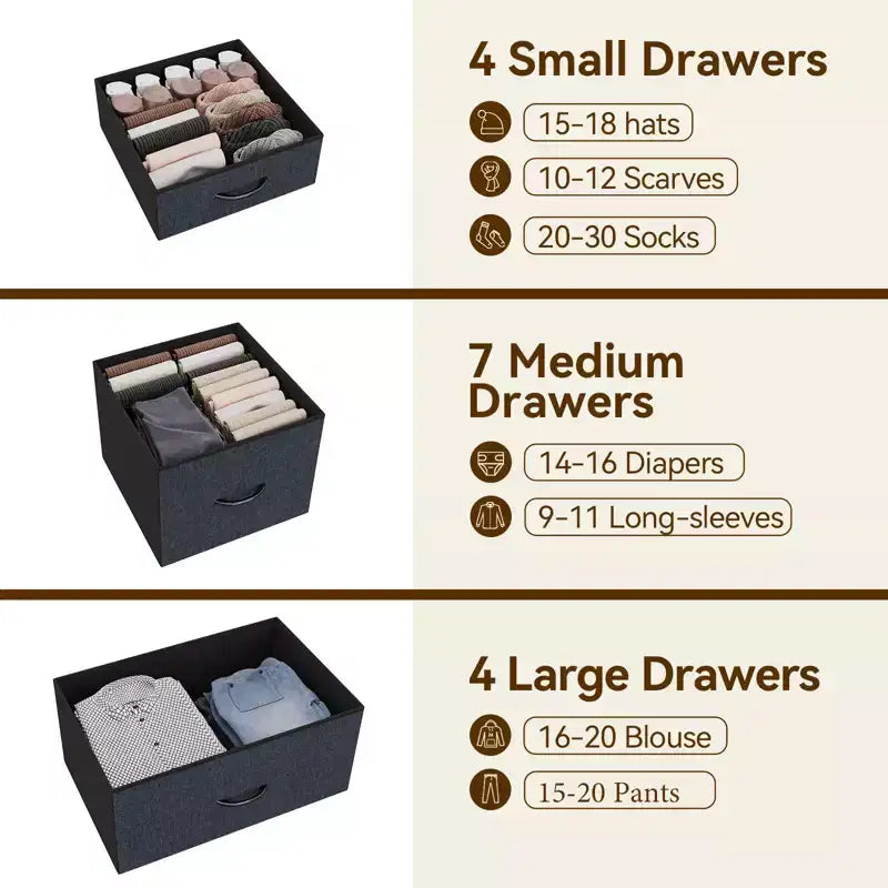 Cassettiera contenitore, cassettiera in tessuto, organizer alto a 15 cassetti con piano in legno e struttura in metallo per camera da letto, soggiorno, corridoio, ingresso