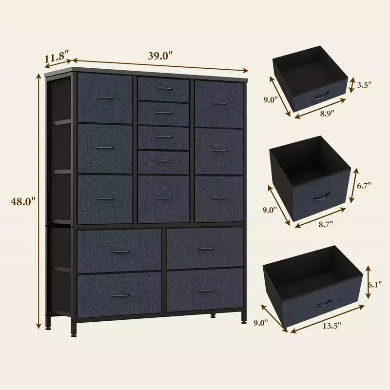 Cassettiera contenitore, cassettiera in tessuto, organizer alto a 15 cassetti con piano in legno e struttura in metallo per camera da letto, soggiorno, corridoio, ingresso