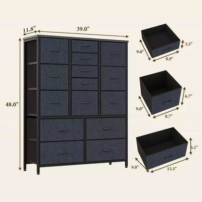 Cassettiera contenitore, cassettiera in tessuto, organizer alto a 15 cassetti con piano in legno e struttura in metallo per camera da letto, soggiorno, corridoio, ingresso