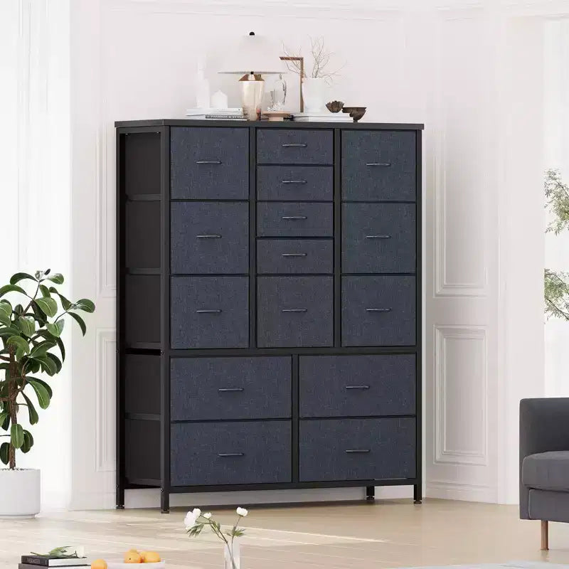 Cassettiera contenitore, cassettiera in tessuto, organizer alto a 15 cassetti con piano in legno e struttura in metallo per camera da letto, soggiorno, corridoio, ingresso