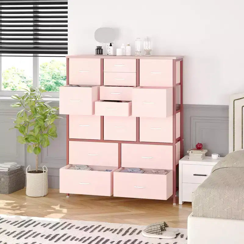 Cassettiera contenitore, cassettiera in tessuto, organizer alto a 15 cassetti con piano in legno e struttura in metallo per camera da letto, soggiorno, corridoio, ingresso