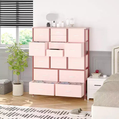 Cassettiera contenitore, cassettiera in tessuto, organizer alto a 15 cassetti con piano in legno e struttura in metallo per camera da letto, soggiorno, corridoio, ingresso