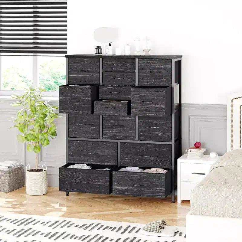 Cassettiera contenitore, cassettiera in tessuto, organizer alto a 15 cassetti con piano in legno e struttura in metallo per camera da letto, soggiorno, corridoio, ingresso
