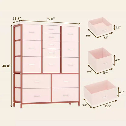 Cassettiera contenitore, cassettiera in tessuto, organizer alto a 15 cassetti con piano in legno e struttura in metallo per camera da letto, soggiorno, corridoio, ingresso