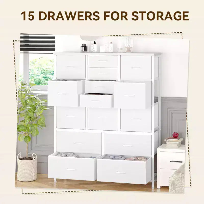 Cassettiera contenitore, cassettiera in tessuto, organizer alto a 15 cassetti con piano in legno e struttura in metallo per camera da letto, soggiorno, corridoio, ingresso