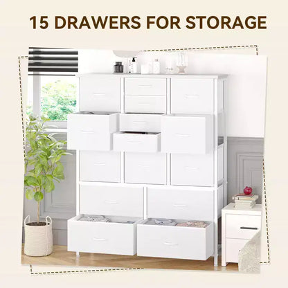 Cassettiera contenitore, cassettiera in tessuto, organizer alto a 15 cassetti con piano in legno e struttura in metallo per camera da letto, soggiorno, corridoio, ingresso