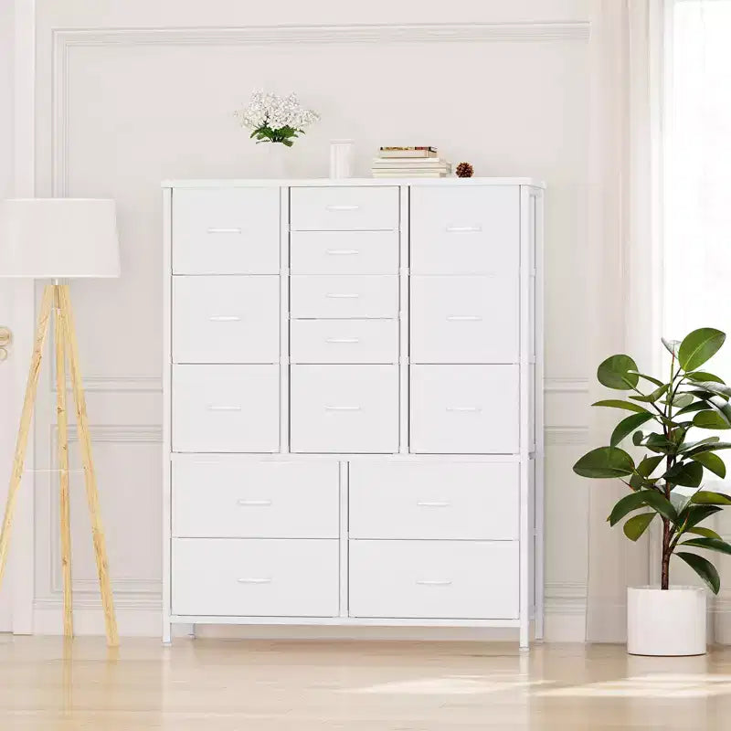 Cassettiera contenitore, cassettiera in tessuto, organizer alto a 15 cassetti con piano in legno e struttura in metallo per camera da letto, soggiorno, corridoio, ingresso