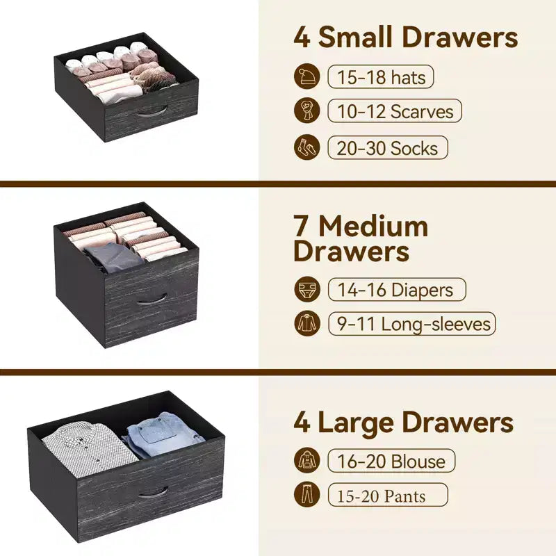 Cassettiera contenitore, cassettiera in tessuto, organizer alto a 15 cassetti con piano in legno e struttura in metallo per camera da letto, soggiorno, corridoio, ingresso