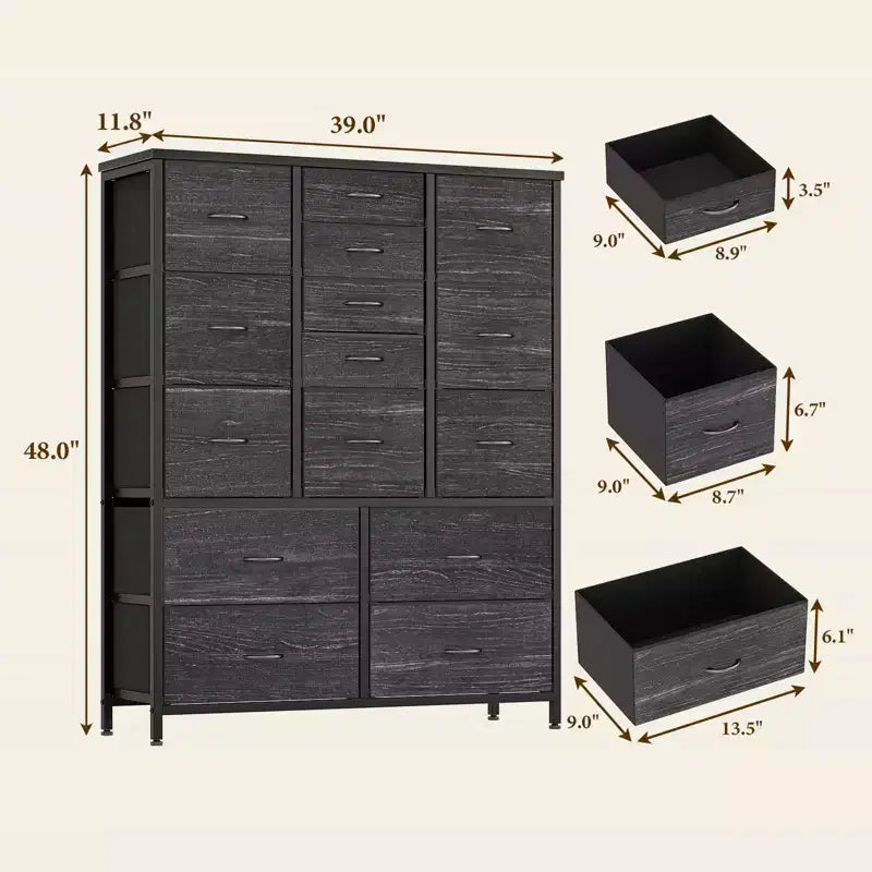 Cassettiera contenitore, cassettiera in tessuto, organizer alto a 15 cassetti con piano in legno e struttura in metallo per camera da letto, soggiorno, corridoio, ingresso