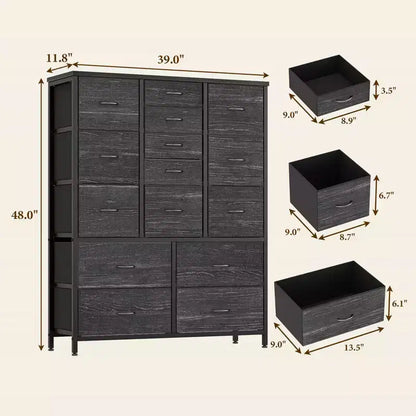 Cassettiera contenitore, cassettiera in tessuto, organizer alto a 15 cassetti con piano in legno e struttura in metallo per camera da letto, soggiorno, corridoio, ingresso