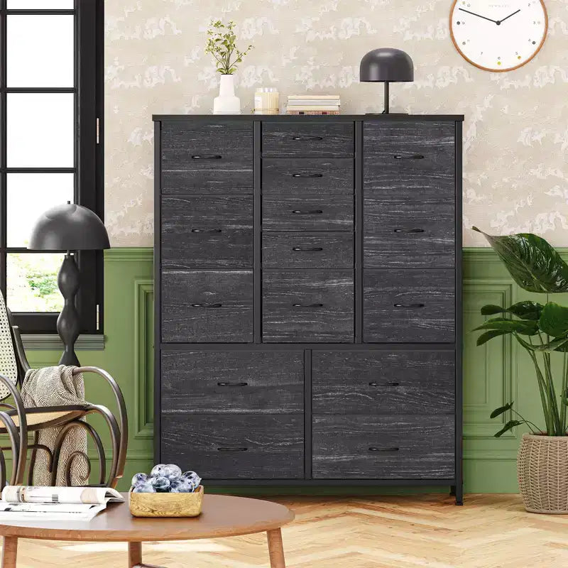 Cassettiera contenitore, cassettiera in tessuto, organizer alto a 15 cassetti con piano in legno e struttura in metallo per camera da letto, soggiorno, corridoio, ingresso