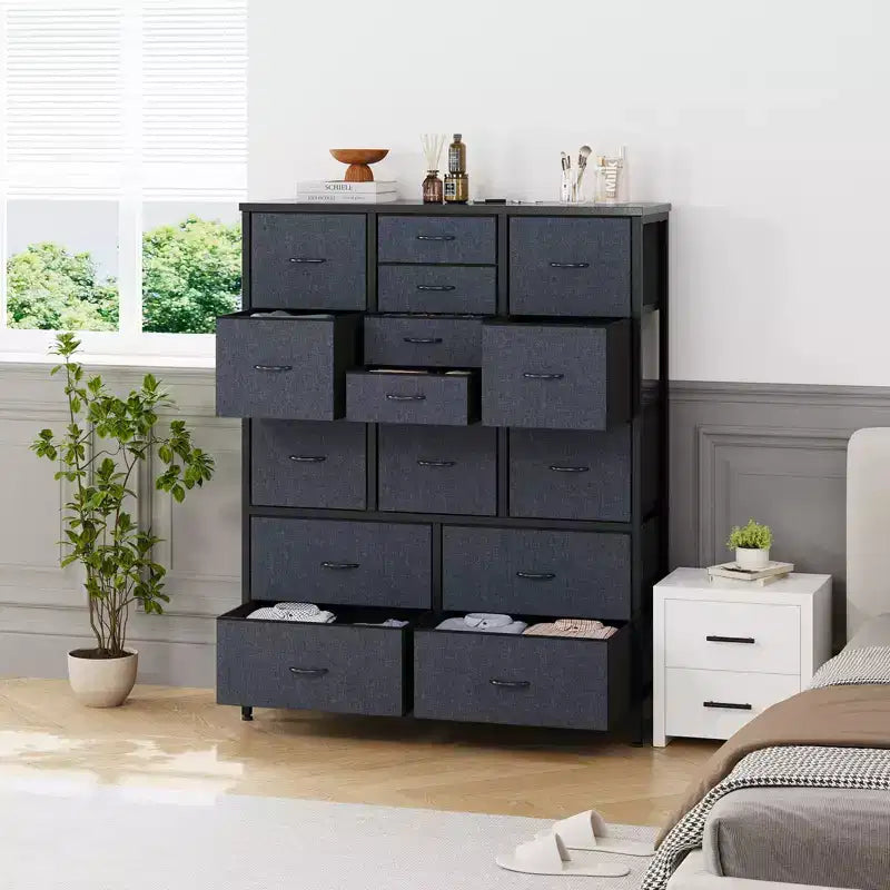 Cassettiera contenitore, cassettiera in tessuto, organizer alto a 15 cassetti con piano in legno e struttura in metallo per camera da letto, soggiorno, corridoio, ingresso