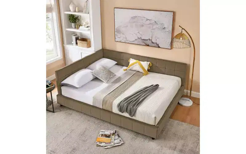 Daybed in Velluto Stile Mid-Century, Divano Letto Imbottito con Base in Legno di Eucalipto e Testiera Trapuntata Queen Size