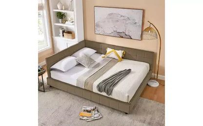 Daybed in Velluto Stile Mid-Century, Divano Letto Imbottito con Base in Legno di Eucalipto e Testiera Trapuntata Queen Size