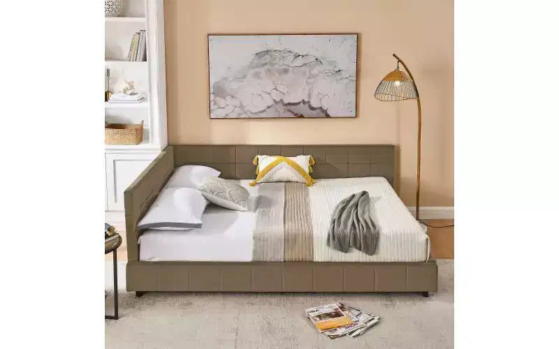 Daybed in Velluto Stile Mid-Century, Divano Letto Imbottito con Base in Legno di Eucalipto e Testiera Trapuntata Queen Size