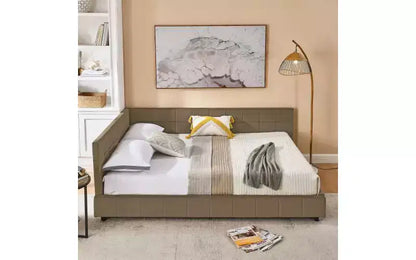 Daybed in Velluto Stile Mid-Century, Divano Letto Imbottito con Base in Legno di Eucalipto e Testiera Trapuntata Queen Size