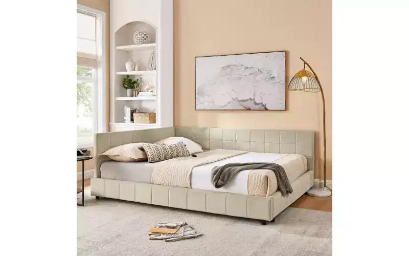 Daybed in Velluto Stile Mid-Century, Divano Letto Imbottito con Base in Legno di Eucalipto e Testiera Trapuntata Queen Size