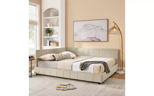 Daybed in Velluto Stile Mid-Century, Divano Letto Imbottito con Base in Legno di Eucalipto e Testiera Trapuntata Queen Size